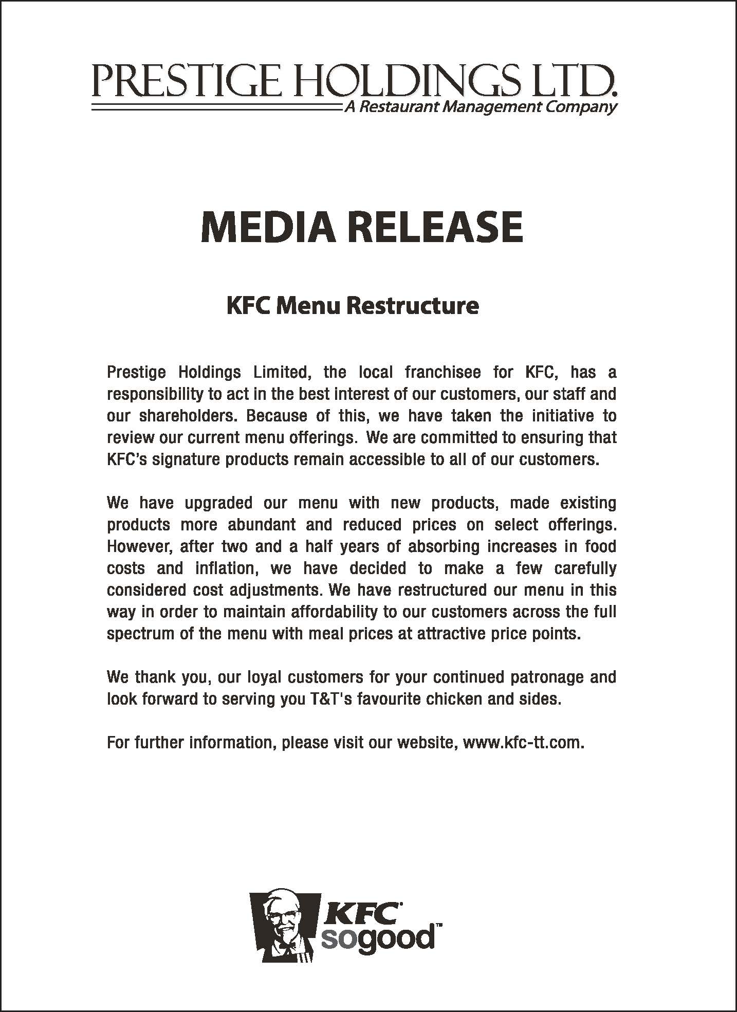 KFC Menu Adjustment Statement